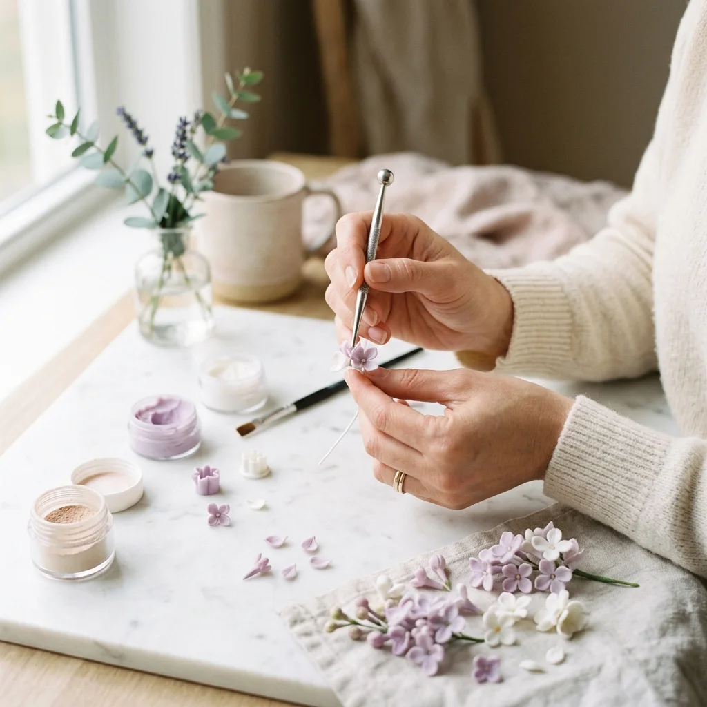 手元でライラックを作っている様子